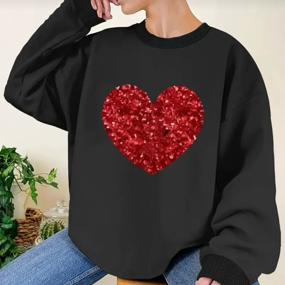 Black Crewneck Sweatshirt with Red Sequin Heart